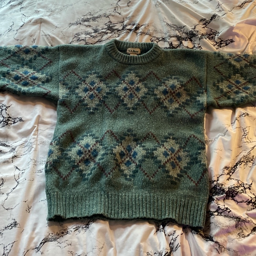 Vintage Grandpa Sweater L.L. Bean Wool/Silk Thick Argyle Teal Brown Crewneck